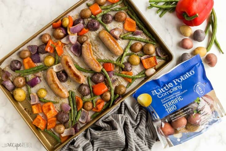 overhead image of sheet pan dinner with bag of little potatoes