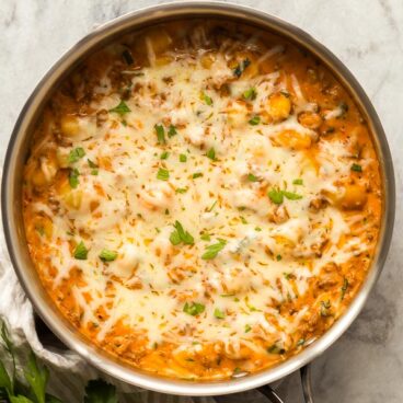 overhead image of gnocchi skillet in stainless steel pan