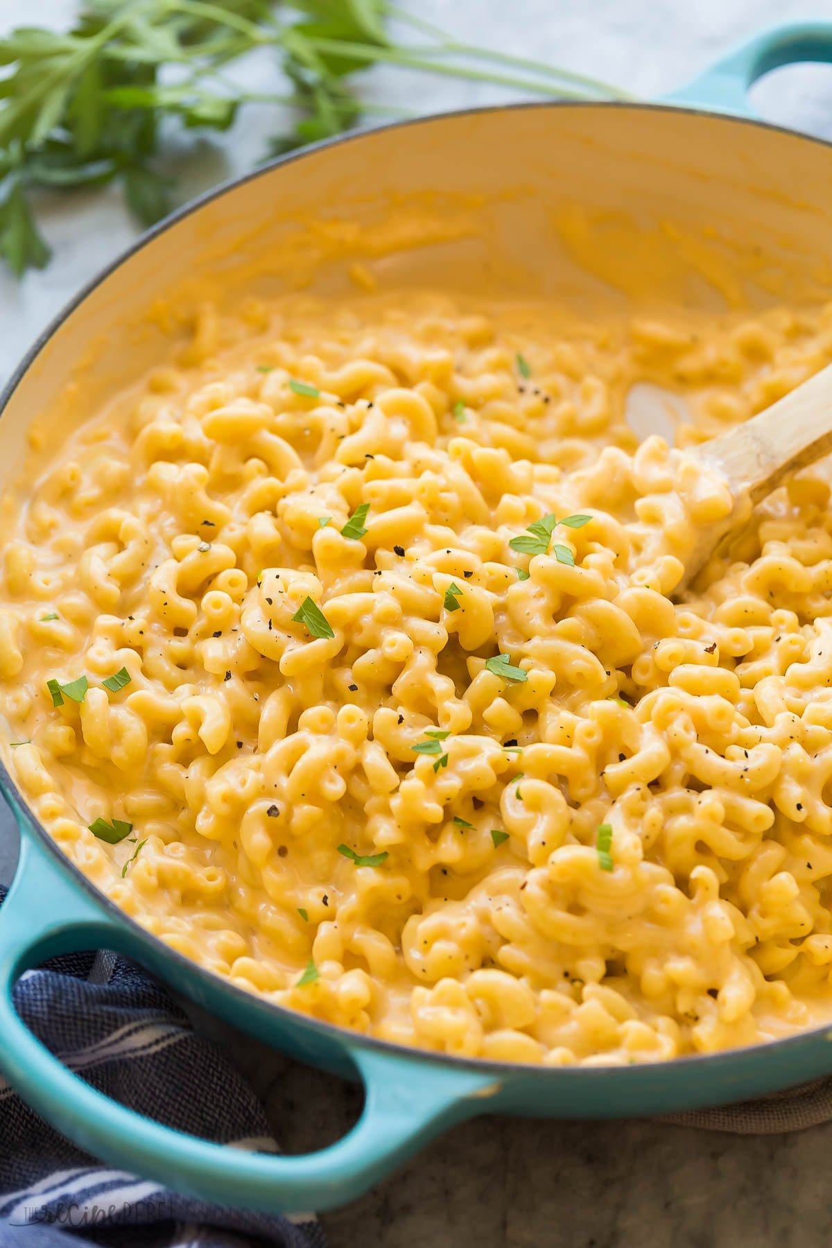 This Easy Mac and Cheese recipe is made in ONE pot with just SIX ingredients! Ready in 30 minutes or less, with full step by step video down in the recipe card. #macandcheese #pasta #macaroni #dinner #recipes close up image of mac and cheese in a blue braiser