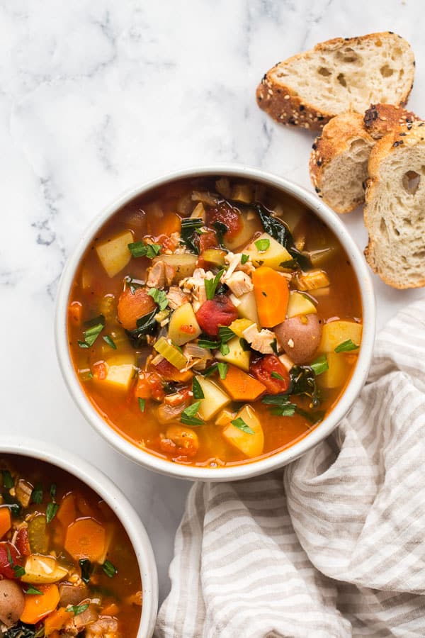 close up image of one bowl of chicken vegetable soup