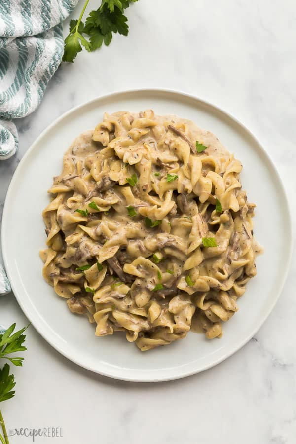 overhead image of crock pot beef and noodles on white plate