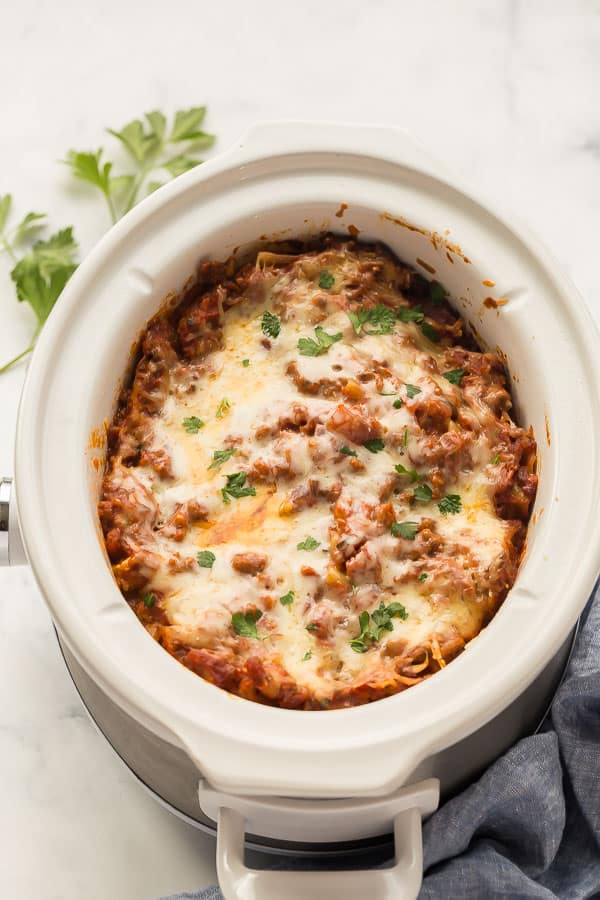 close up image of whole lasagna in crockpot