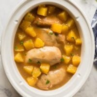 crockpot pineapple chicken breasts in slow cooker overhead