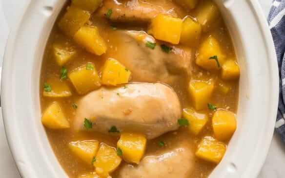 crockpot pineapple chicken breasts in slow cooker overhead