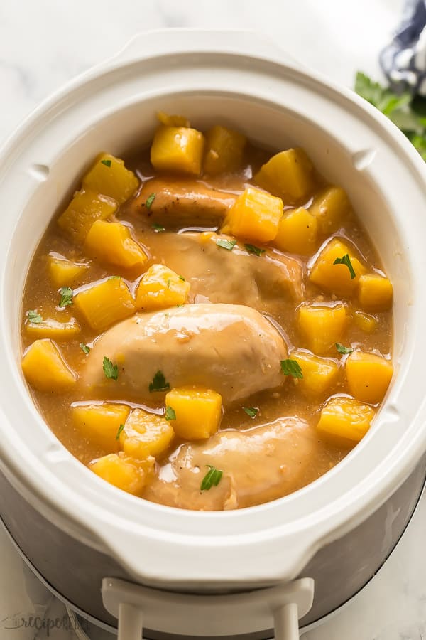 close up image of slow cooker pineapple chicken breasts