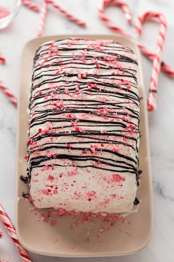 holiday ice cream sandwich cake whole on white plate