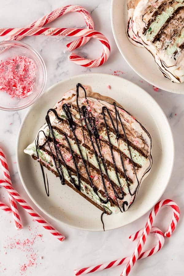 overhead image of slice of ice cream sandwich cake on plate