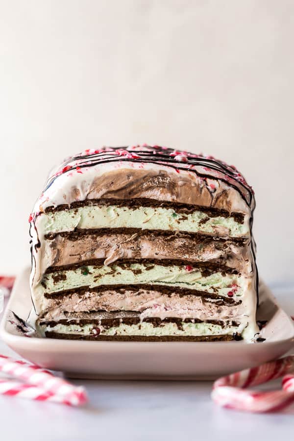 ice cream sandwich cake cut to reveal the inside