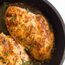 close up image of one pan sauteed chicken breast