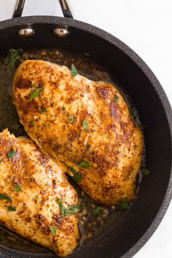 close up image of one pan sauteed chicken breast
