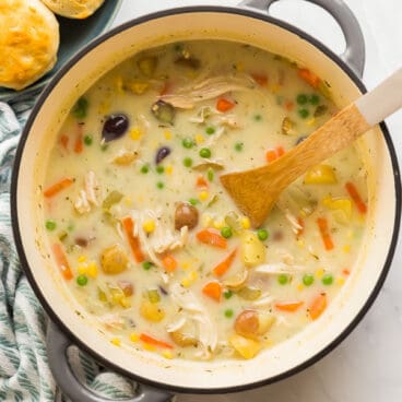 overhead image of chicken pot pie soup in dutch oven