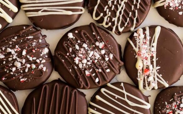 overhead close up image of chocolate dipped icebox cookies