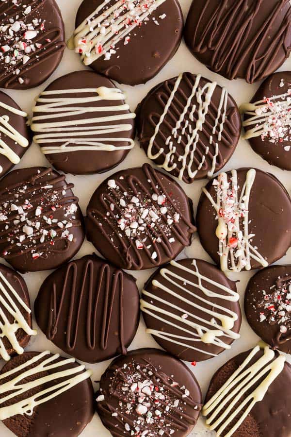 overhead close up image of chocolate dipped icebox cookies