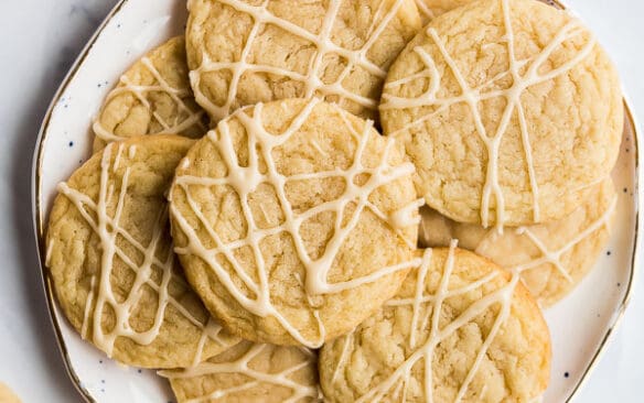 overhead image of maple cookies on white plate