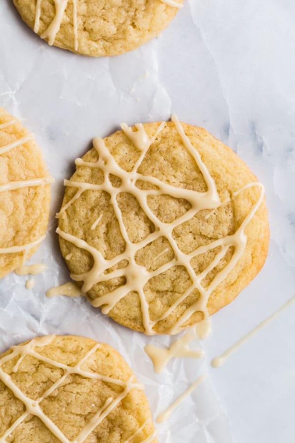 close up image of one maple cookie overhead