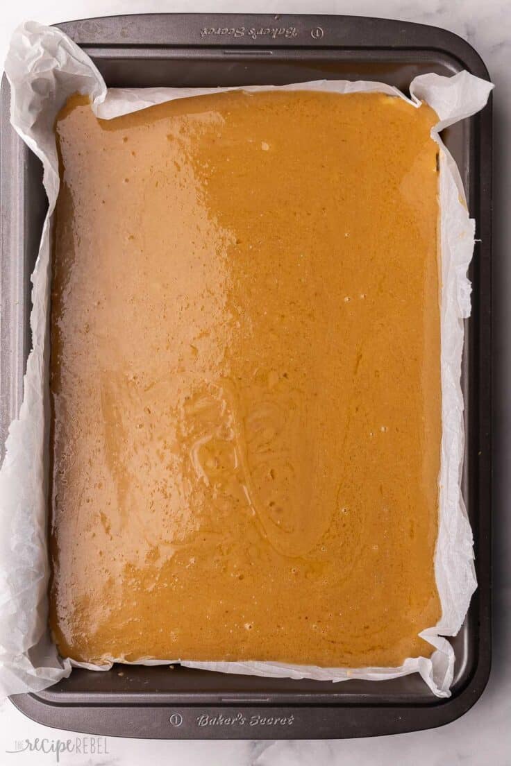 caramel mixture poured onto shortbread crust.