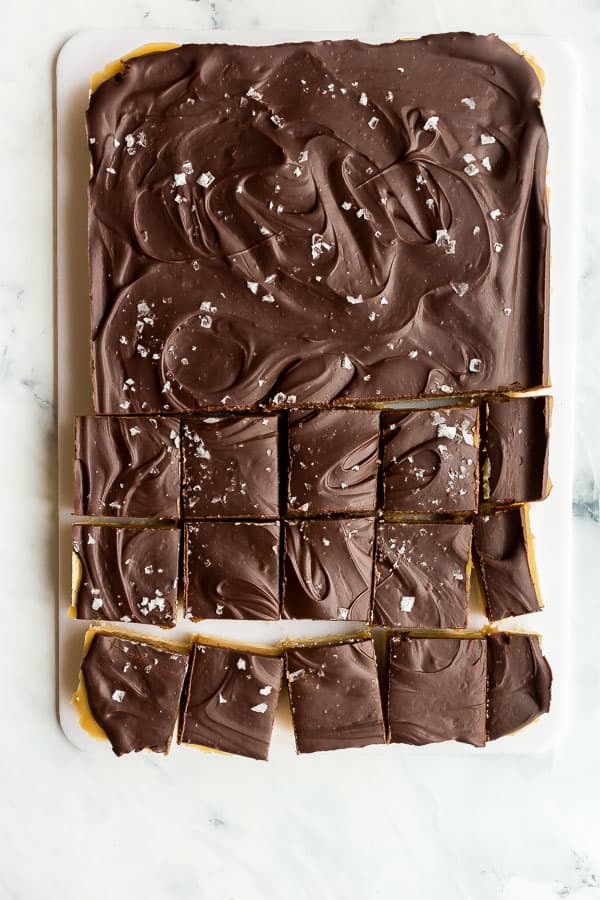 overhead image of millionaire shortbread with half cut into squares