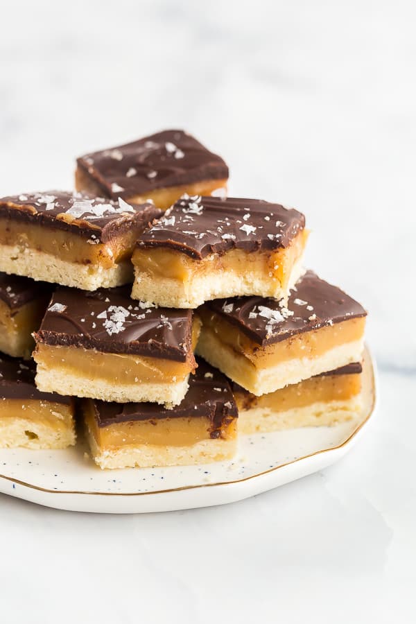 stack of millionaire shortbread with one bite taken