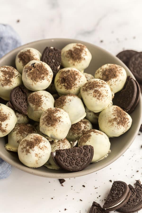 Oreo balls stacked in grey bowl