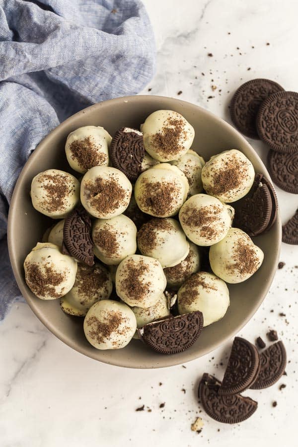 overhead image of oreo truffles in grey bowl