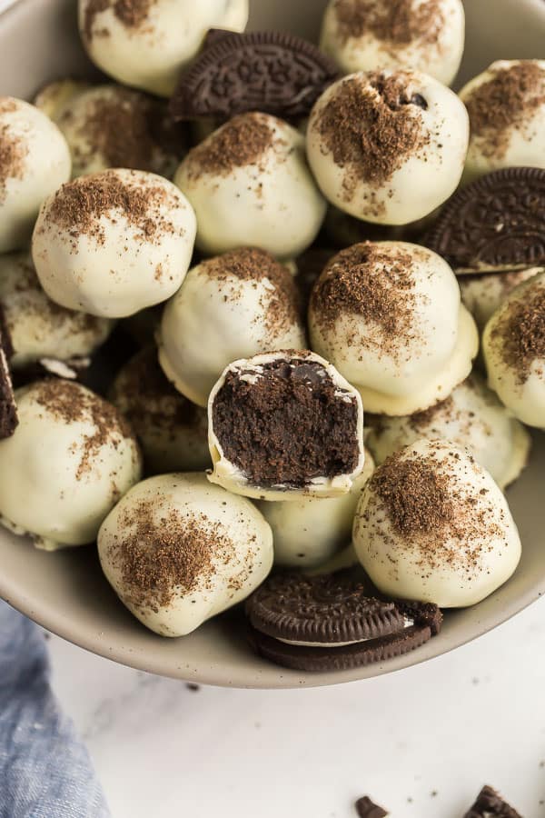 close up image of oreo ball cut in half to reveal inside