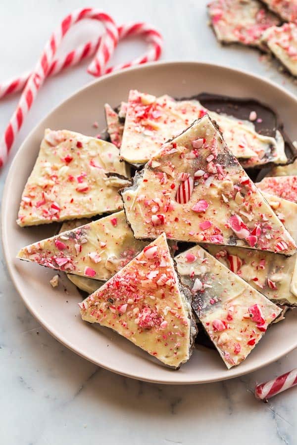 close up image of chocolate peppermint bark in bowl