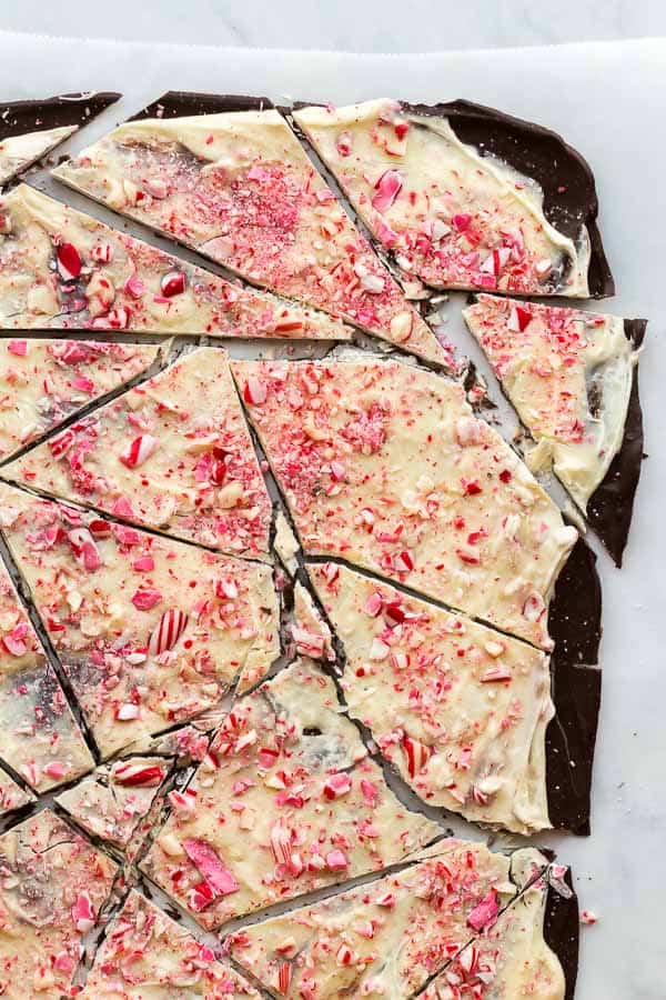 close up image of peppermint bark cut into wedges