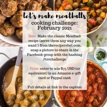 february cooking challenge information image with four photos of meatballs