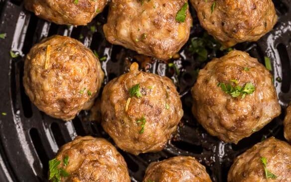 air fryer meatballs cooked in air fryer basket