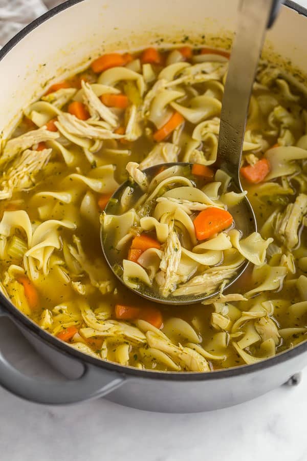 ladle scooping chicken noodle soup from pot