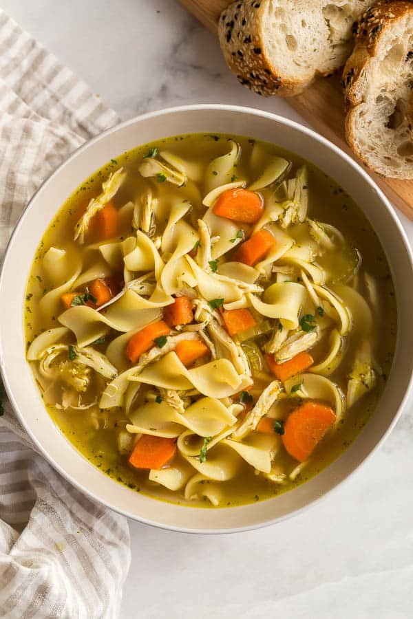 overhead image of chicken soup in bowl