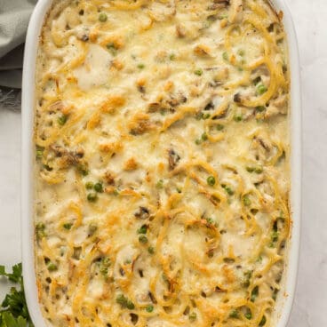 overhead image of chicken tetrazzini in white baking dish