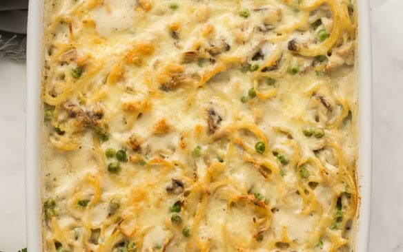 overhead image of chicken tetrazzini in white baking dish