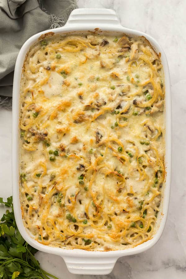 overhead image of chicken tetrazzini in white baking dish