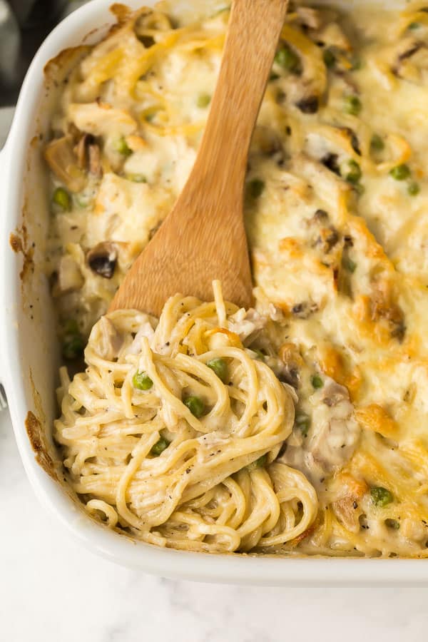 close up image of chicken tetrazzini in baking dish