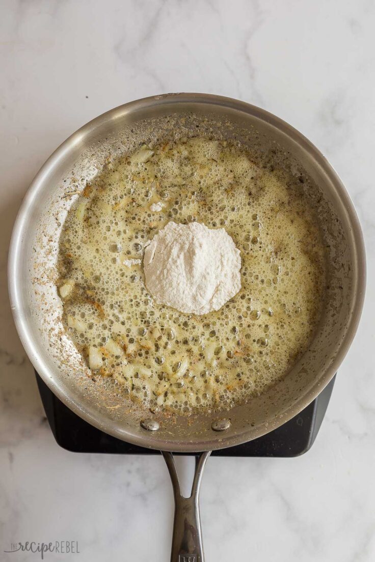 flour added to butter and onions in skillet