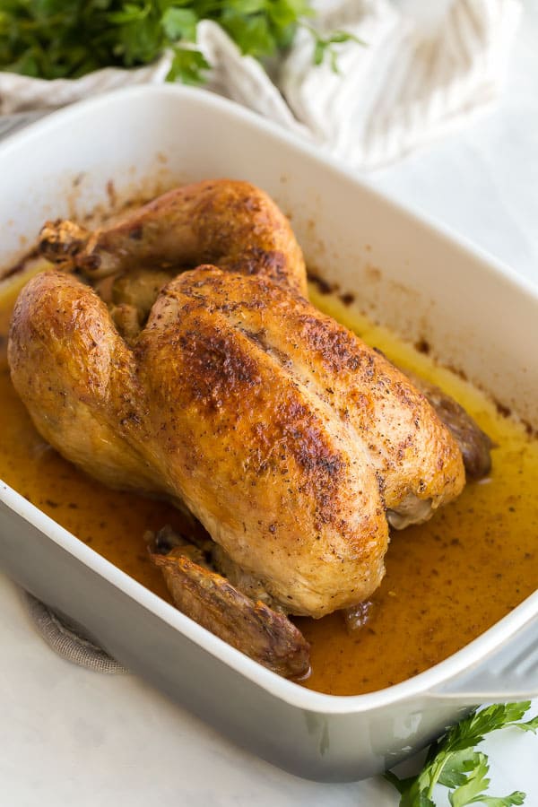 close up image of whole chicken in roasting pan