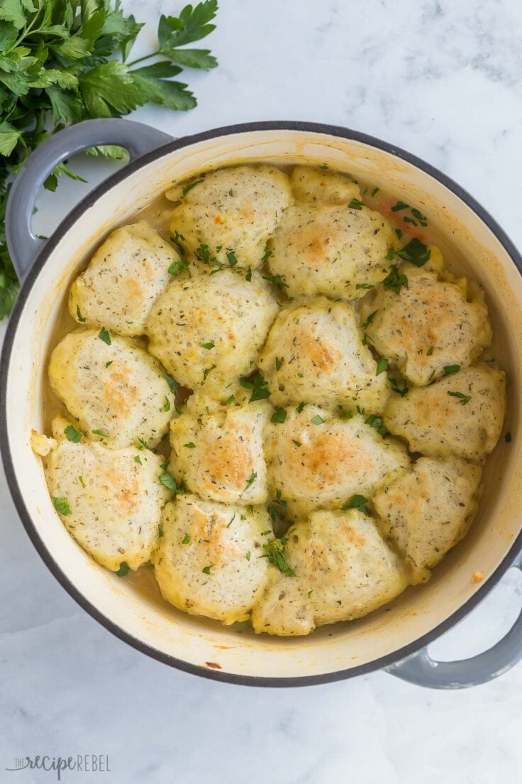 overhead image of large pot with soup and bisquick dumplings