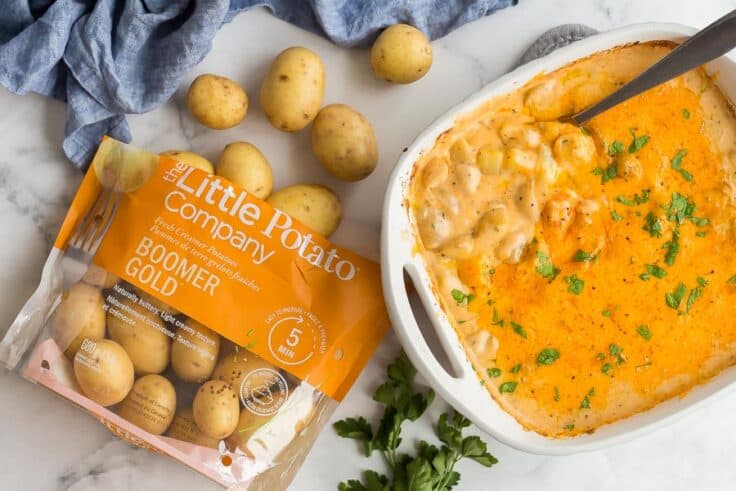 overhead image of potato casserole with bag of Little Potatoes