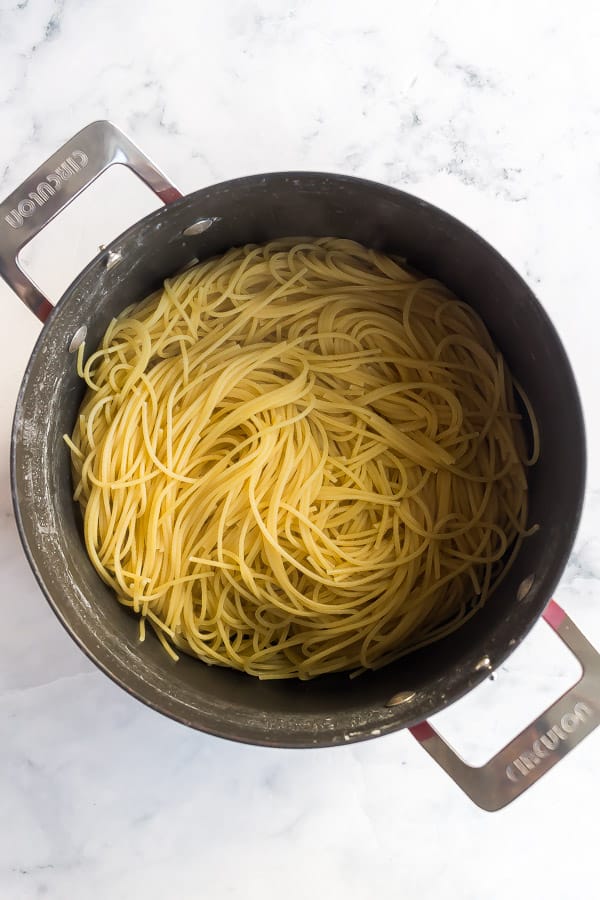 large pot with cooked spaghetti in it