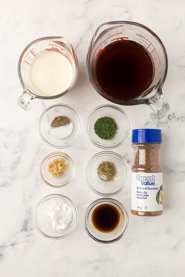 overhead image of swedish meatball sauce ingredients