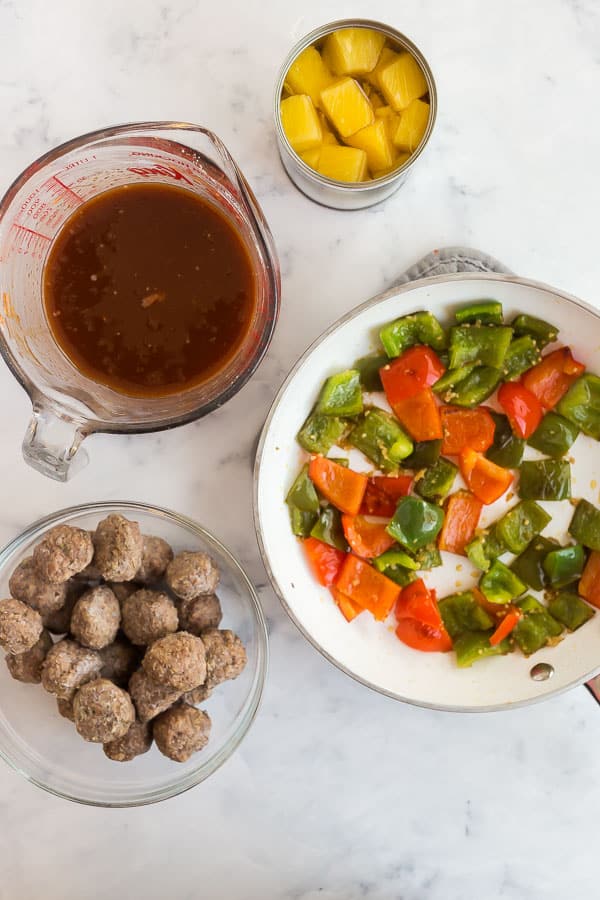 overhead image of sweet and sour meatballs ingredients