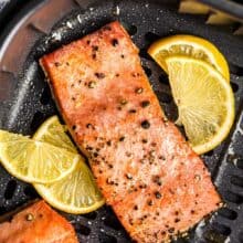 close up image of cooked salmon in air fryer