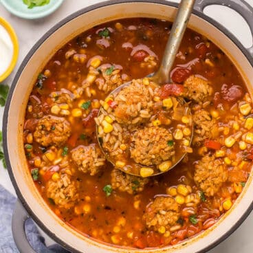 overhead image of albondigas soup in large dutch oven