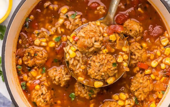 overhead image of albondigas soup in large dutch oven