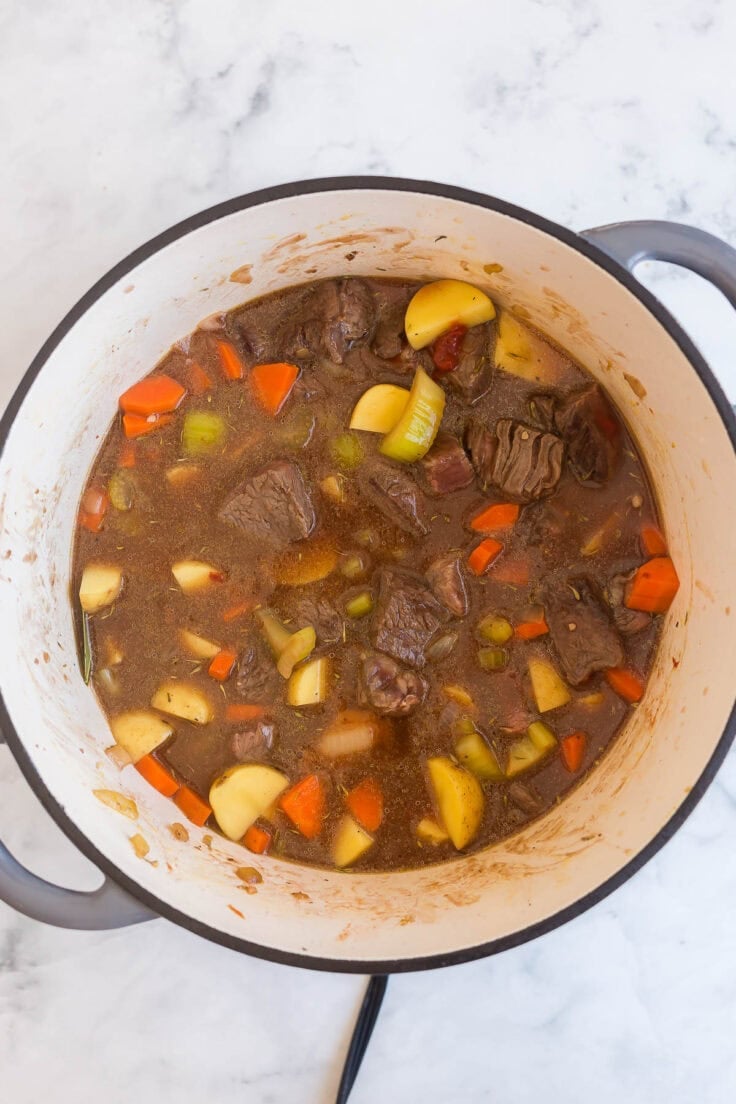 beef stew simmering in soup pot.