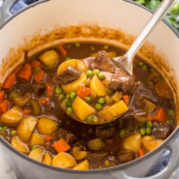 classic beef stew being ladled out of large pot