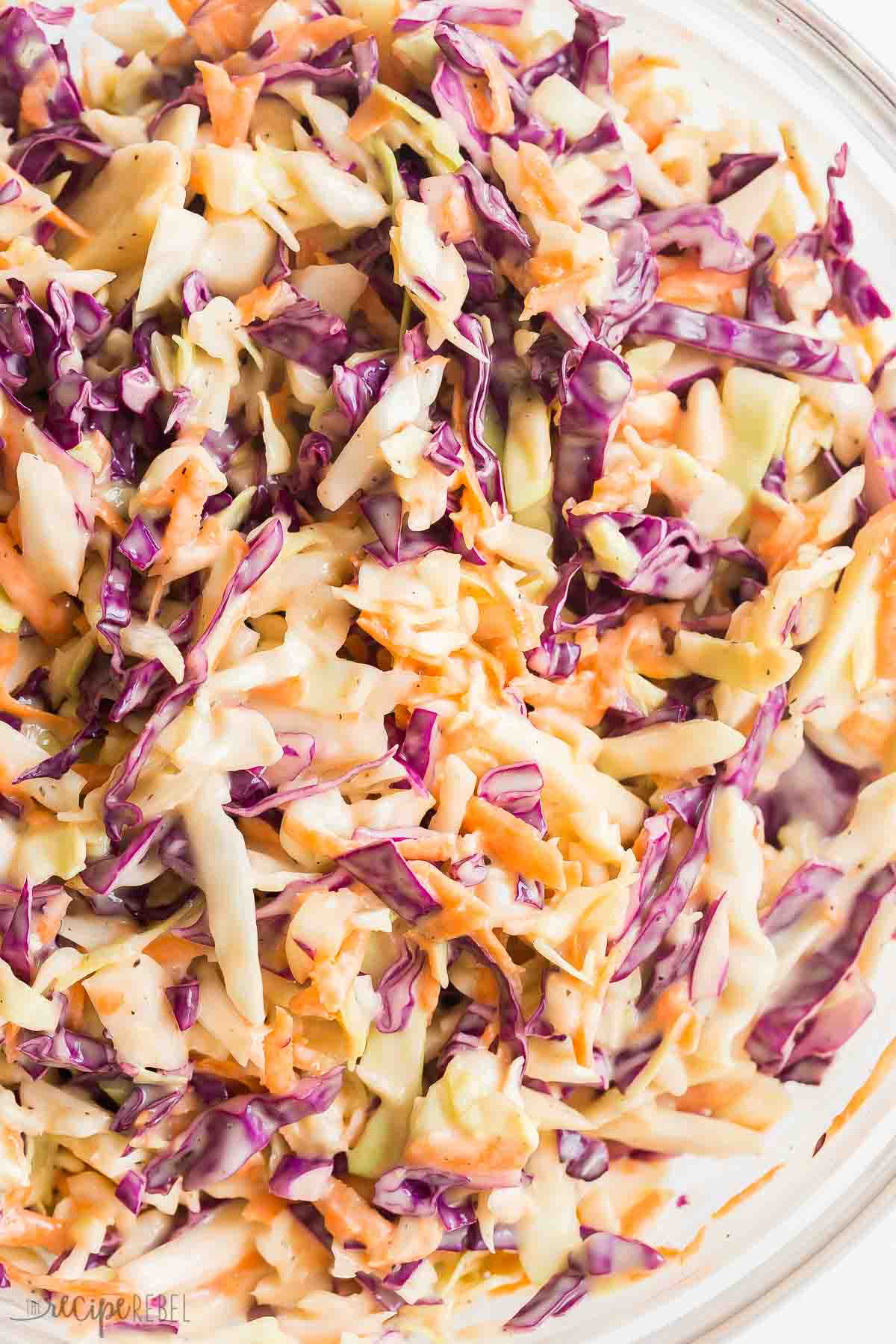 This easy Homemade Coleslaw recipe is way better than store bought! Made with shredded cabbage and a simple homemade coleslaw dressing everyone loves. #salad #recipe #sidedish | side dishes | side dish recipes | cabbage recipe | cabbage recipes | salad recipes | summer side dishes | summer recipes | bbq sides | close up image of homemade coleslaw with green and purple cabbage.