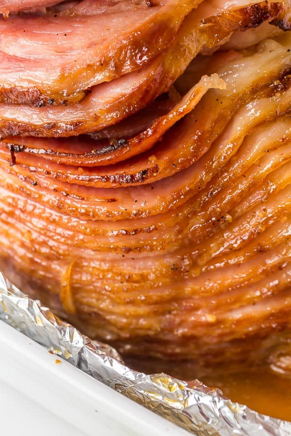 close up image of spiral ham with honey glaze