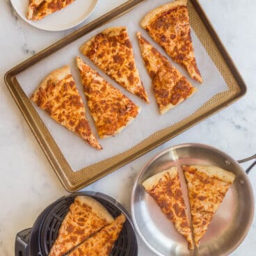 overhead image of different ways to reheat pizza